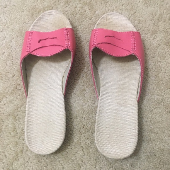 Lands End Patent Leather Slip On Mules Peep Toe Burlap Footbed Rubber Sole 8M - Picture 3 of 10